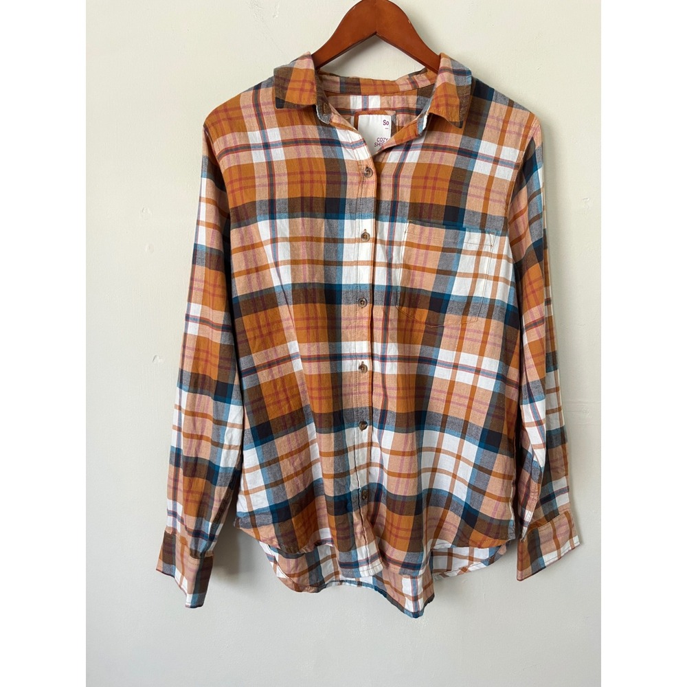 SO Cozy Shirt Women Large Orange Brown Plaid Flannel Cotton Button Down L preppy